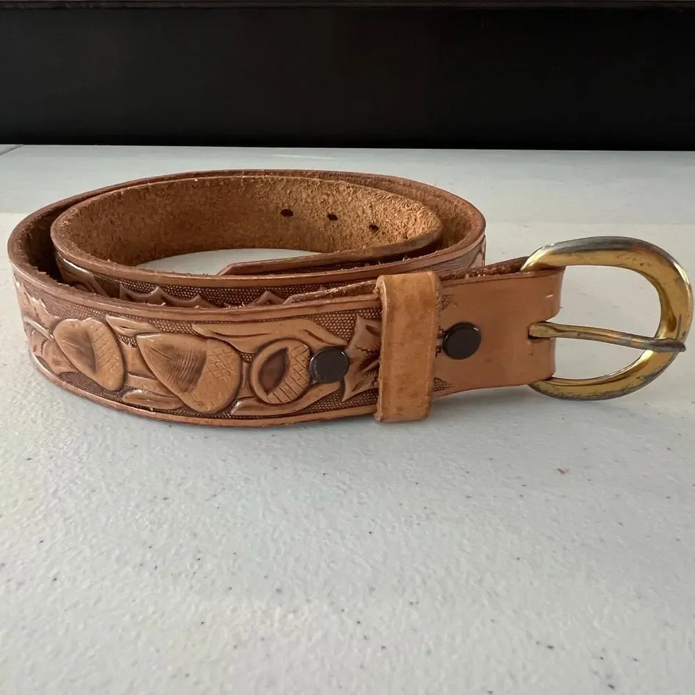 Justin Top Grain Cowhide Leather Tooled Western Belt Sz 28 Brown Cowboy